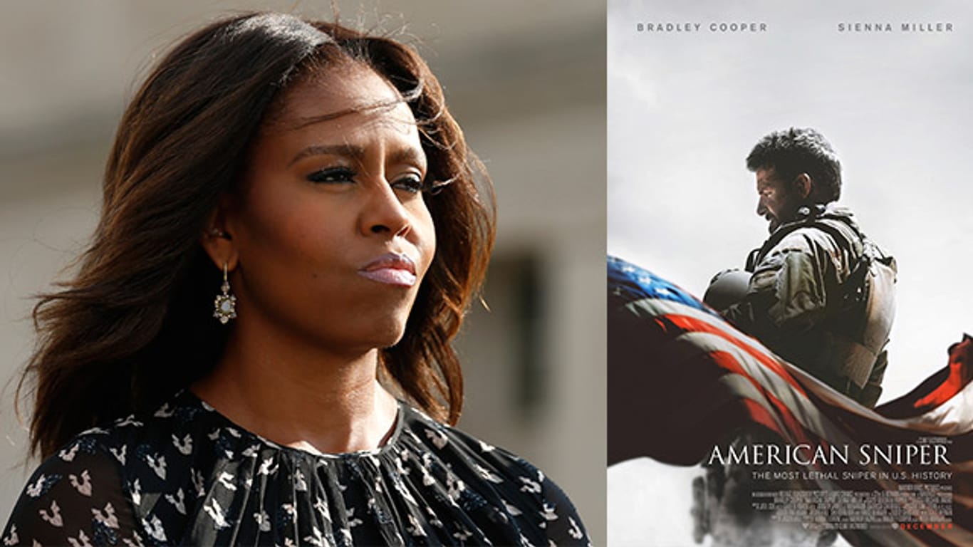 Michelle Obama und das US-Filmplakat zu "American Sniper" mit Bradley Cooper