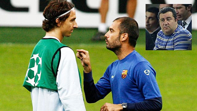 Mino Raiola und sein Klient Zlatan Ibrahimovic (li.) sind auf Pep Guardiola (Mi.) nicht gut zu sprechen. Mino Raiola und sein Klient Zlatan Ibrahimovic (li.) sind auf Pep Guardiola (Mi.) nicht gut zu sprechen.