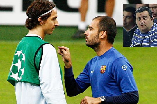 Mino Raiola und sein Klient Zlatan Ibrahimovic (li.) sind auf Pep Guardiola (Mi.) nicht gut zu sprechen.