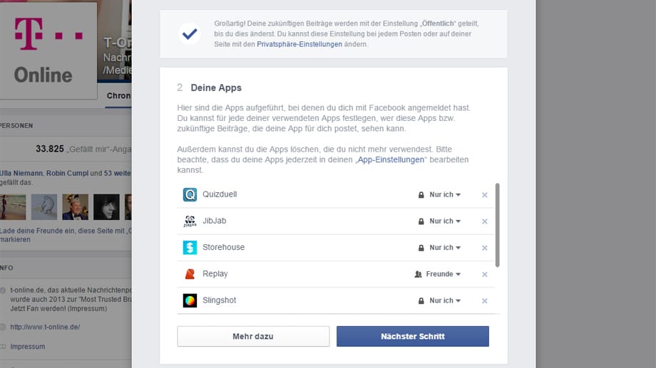 Im nächsten Schritt passen Sie an, was ihre genutzten Apps auf Facebook dürfen.
