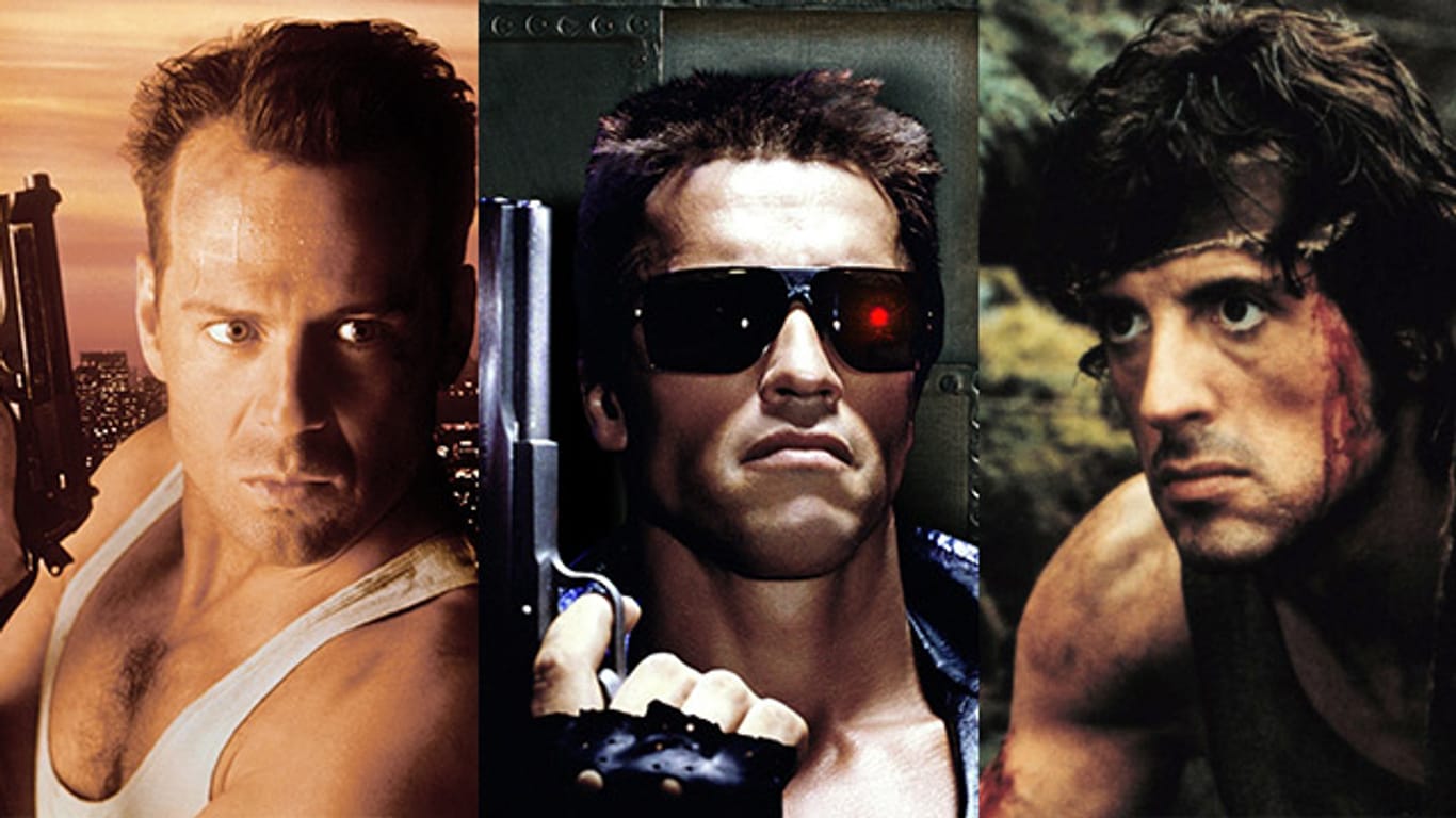 Wer macht das Rennen? Bruce Willis in "Stirb langsam", Arnold Schwarzenegger in "Terminator" und Sylvester Stallone in "Rambo" (v.li.).