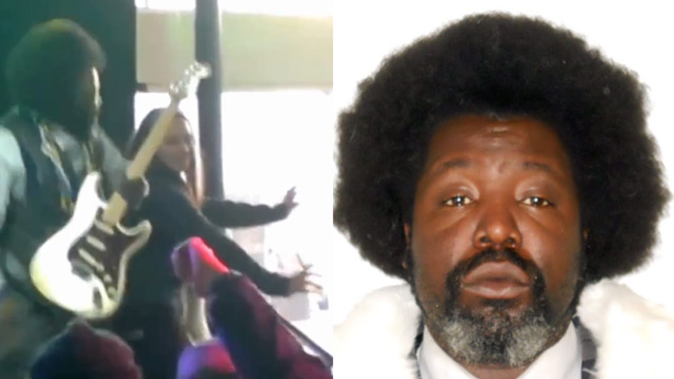 Screenshot aus dem Video von dem Bühnen-Eklat (li.), Polizeifoto von US-Rapper Afroman, das nach dessen Festnahme entstand.