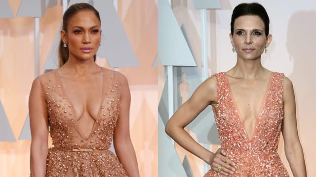 Oh weh! Jennifer Lopez (l.) und Luciana Pedraza in nahezu identischen Roben bei der Oscarverleihung 2015.