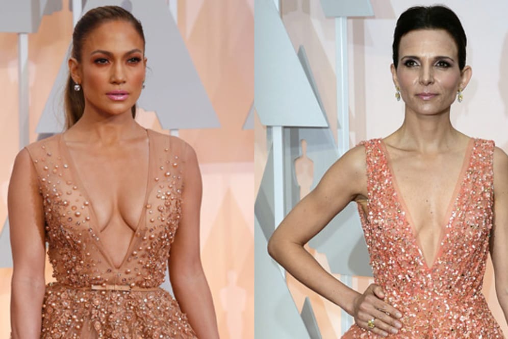 Oh weh! Jennifer Lopez (l.) und Luciana Pedraza in nahezu identischen Roben bei der Oscarverleihung 2015.