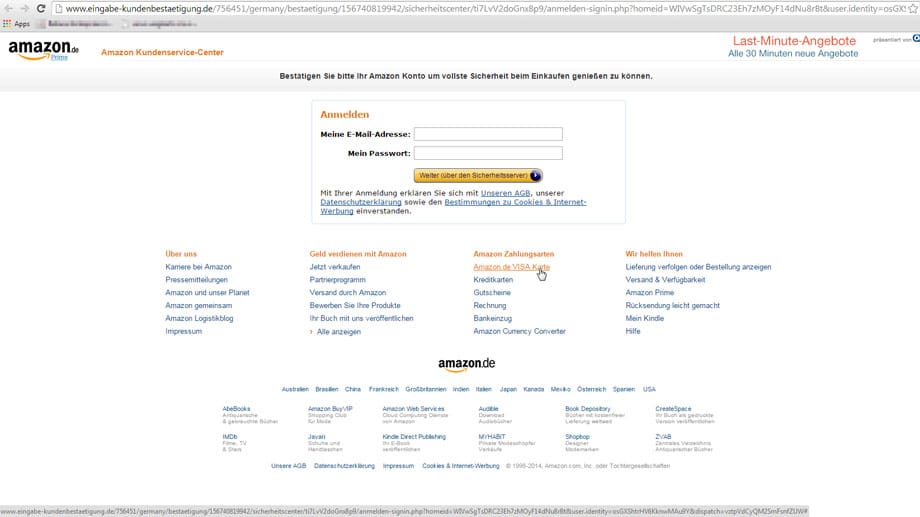 Screenshot der imitierten Anmeldeseite von Amazon.