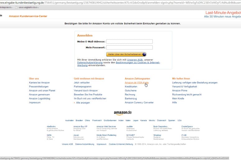 Screenshot der imitierten Anmeldeseite von Amazon.
