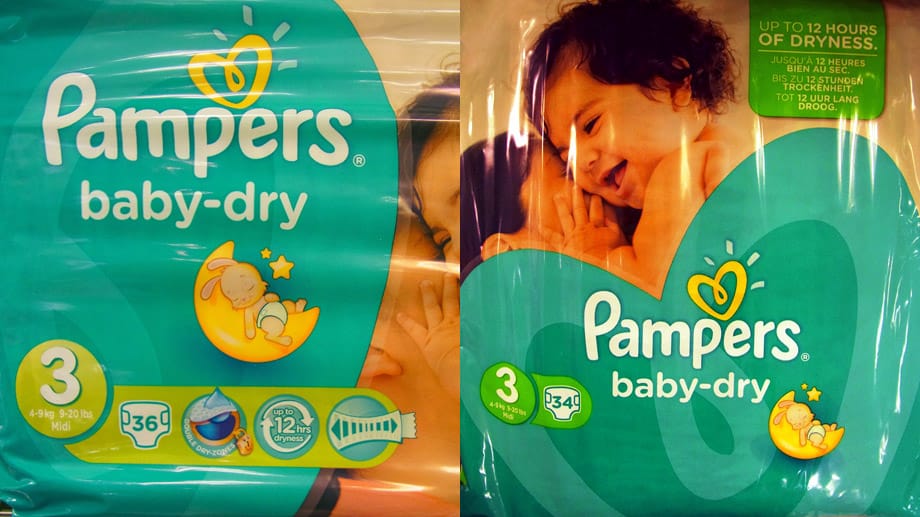 Links die alte Pampers-Packung, rechts die neue. Bei gleichem Preis wurde die Füllmenge reduziert, bemängelt die Verbraucherzentrale Hamburg.