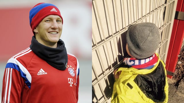 Bastian Schweinsteiger (li.) und sein fünfjähriger Fan: Erst Haare waschen, dann Überraschung.