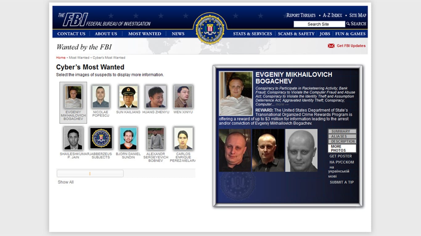 Bogachev steht auf der Liste der meistgesuchten Cyber-Kriminellen.