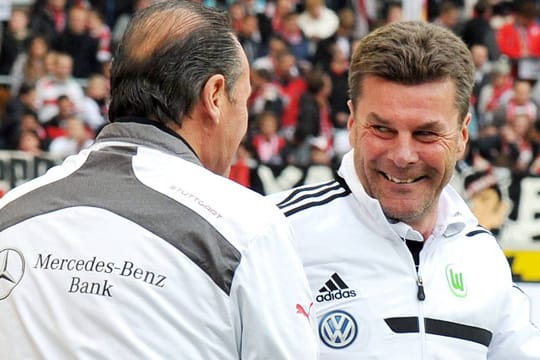 Wolfsburgs Trainer Dieter Hecking (re.) kann die Diskussionen beim VfB Stuttgart um Huub Stevens (li.) nicht verstehen.