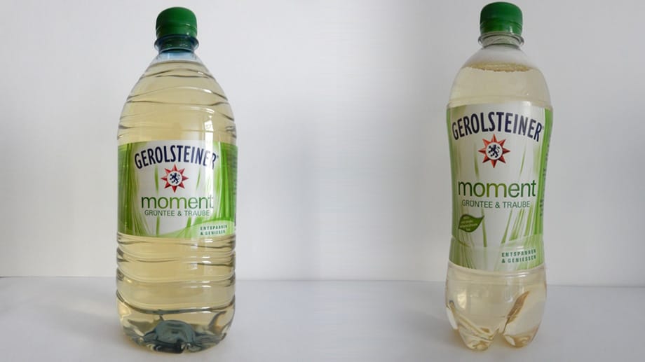 Links die alte 1-l-Flasche, rechts die neue 0,75-l-Flasche. Der Preis blieb gleich.