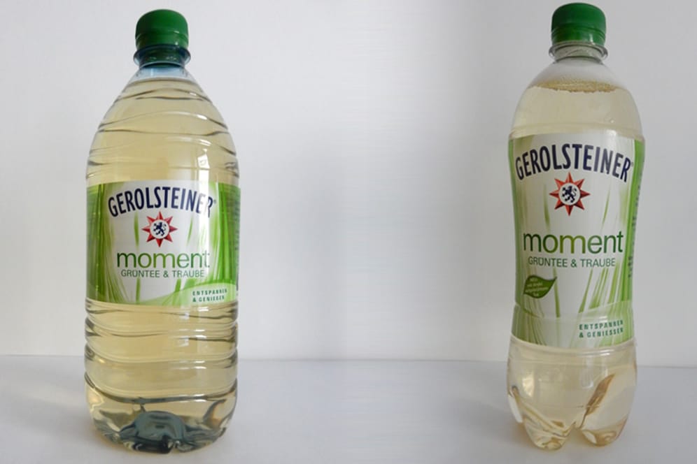 Links die alte 1-l-Flasche, rechts die neue 0,75-l-Flasche. Der Preis blieb gleich.