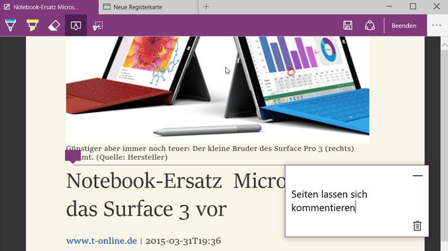 Das kommentierte und bemalte Ergebnis lässt sich in OneNote abspeichern oder via Cloud-Dienst teilen. Das kommentierte und bemalte Ergebnis lässt sich in OneNote abspeichern oder via Cloud-Dienst teilen.