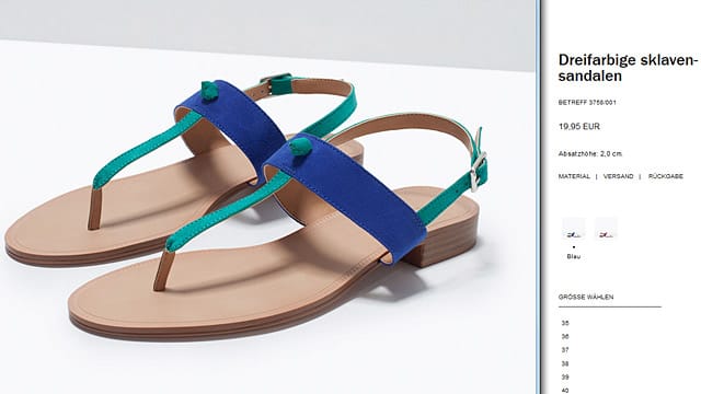 Screenshot aus dem Zara-Onlineshop mit den "dreifarbigen Sklavensandalen". Screenshot aus dem Zara-Onlineshop mit den "dreifarbigen Sklavensandalen".