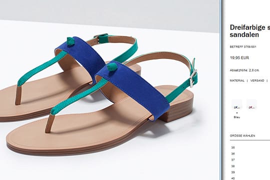 Screenshot aus dem Zara-Onlineshop mit den "dreifarbigen Sklavensandalen".