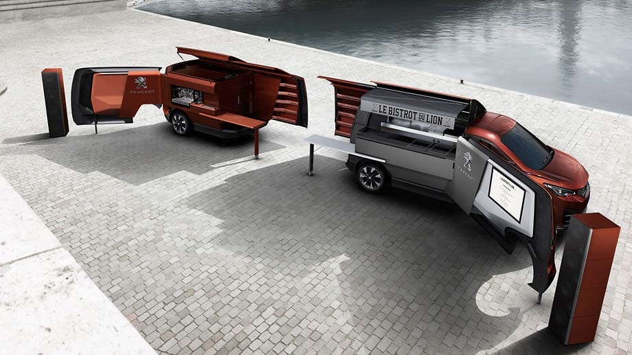 Das rollende Bistrot basiert auf dem Peugeot Boxer. Öffnet das Showcar all seine Türen und verwandelt sich gemeinsam mit dem Anhänger in das Bistro, bleibt nichts mehr vom langweiligen Arbeitstier übrig. Das rollende Bistrot basiert auf dem Peugeot Boxer. Öffnet das Showcar all seine Türen und verwandelt sich gemeinsam mit dem Anhänger in das Bistro, bleibt nichts mehr vom langweiligen Arbeitstier übrig.