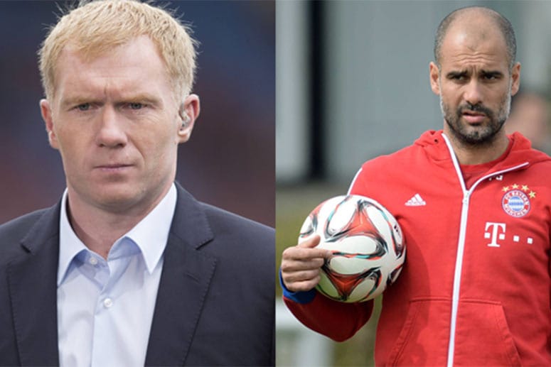 Der ehemalige englische Nationalspieler Paul Scholes (li.) rechnet fest mit einem Wechsel Pep Guardiolas (re.) zu Manchester City.