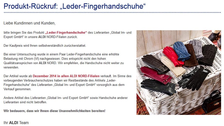 In diesen Handschuhen von Aldi Nord wurde schädliches Chrom VI gefunden.