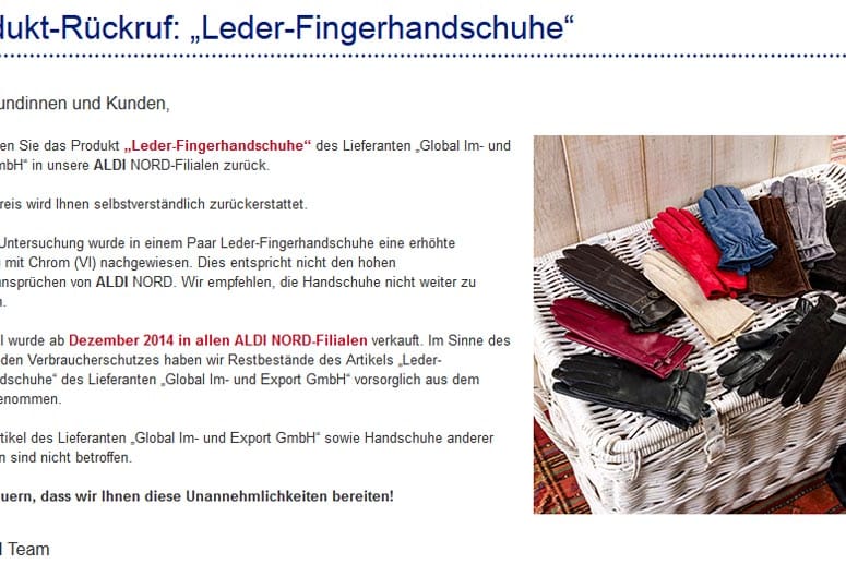 In diesen Handschuhen von Aldi Nord wurde schädliches Chrom VI gefunden.