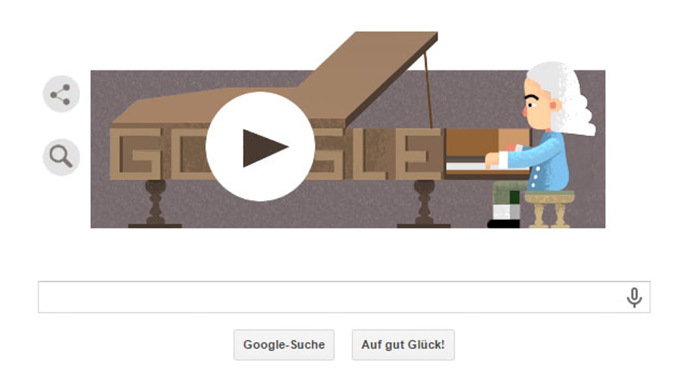 Das Google Doodle zeigt den am Klavier sitzenden Bartolomeo Cristofori.