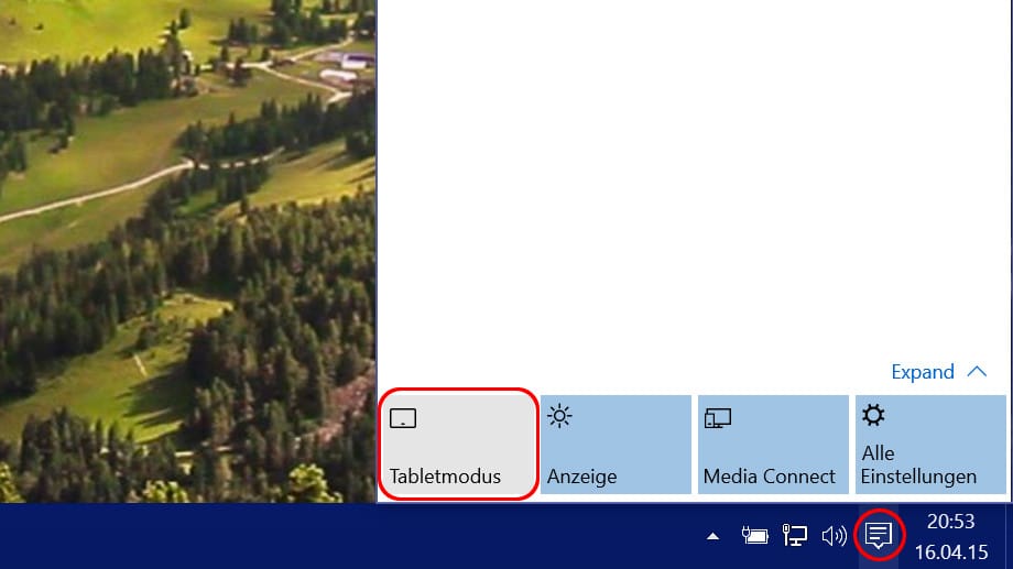 Im Benachrichtigungscenter von Windows 10 kann der Tabletmodus auch manuell ein- und ausgeschaltet werden.