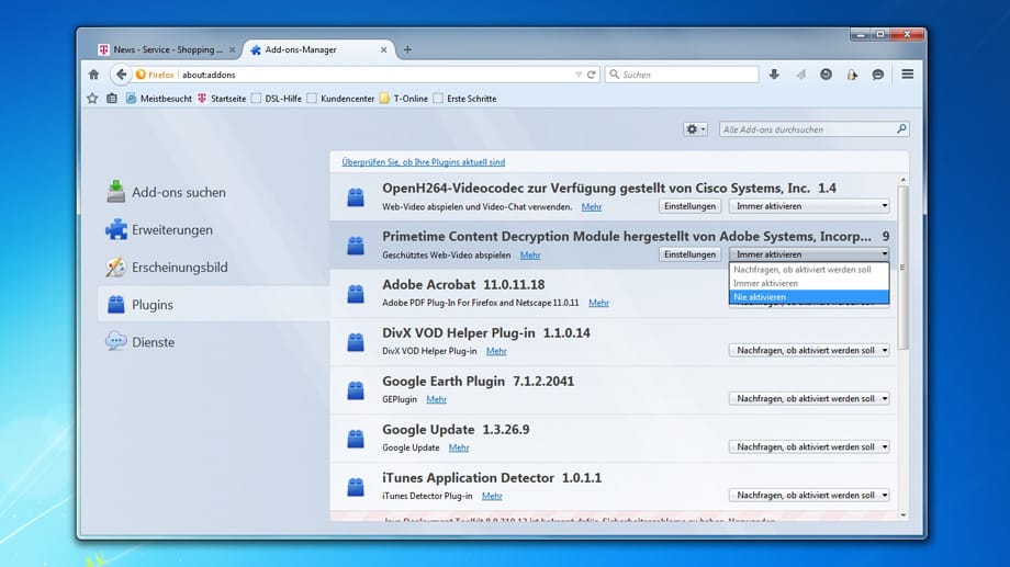 Ein zweiter Weg den Kopierschutz in Firefox auszuschalten führt über den Add-ons-Manager des Browser (Tastenkombination: "Alt" -> "X" -> "D"). Ein zweiter Weg den Kopierschutz in Firefox auszuschalten führt über den Add-ons-Manager des Browser (Tastenkombination: "Alt" -> "X" -> "D").