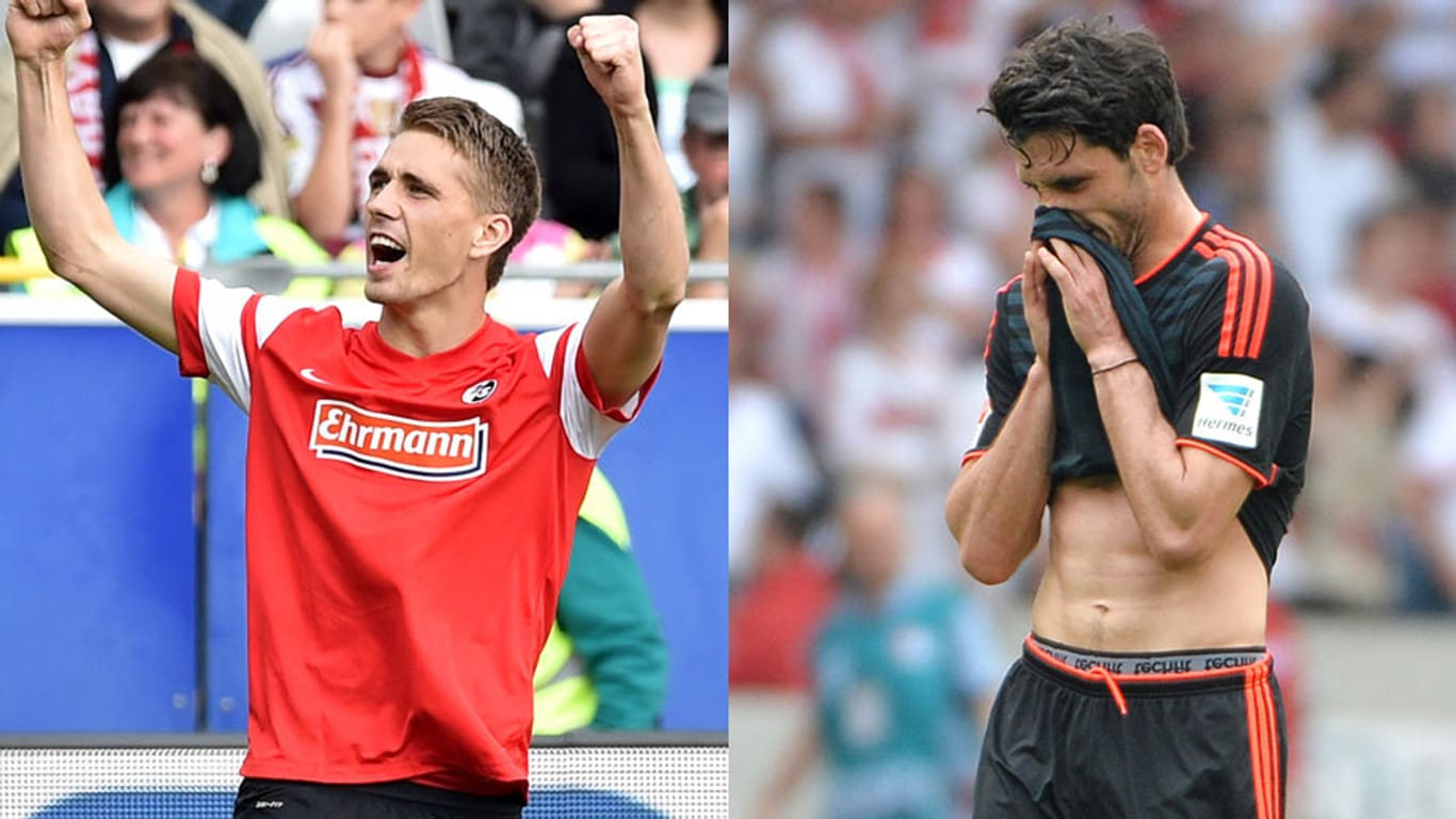 Freiburgs Nils Petersen (links) bejubelt seinen Siegtreffer gegen den FC Bayern. Gojko Kacar (re.) hat mit dem Hamburger SV in Stuttgart verloren und einen Matchball im Abstiegskampf vergeben.