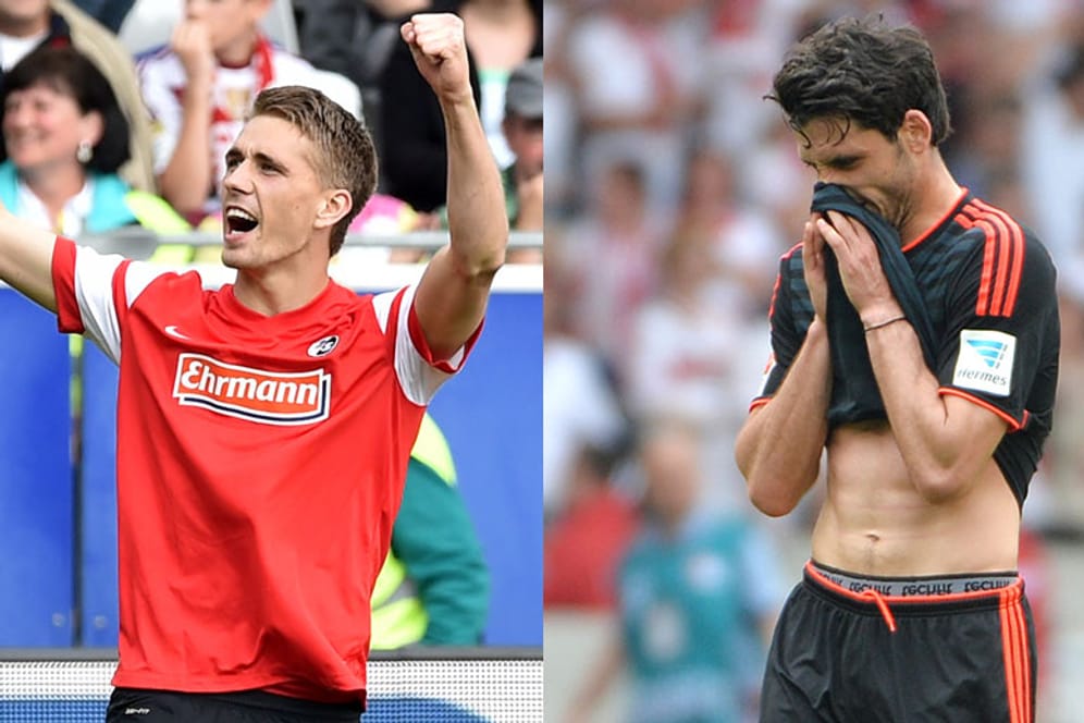 Freiburgs Nils Petersen (links) bejubelt seinen Siegtreffer gegen den FC Bayern. Gojko Kacar (re.) hat mit dem Hamburger SV in Stuttgart verloren und einen Matchball im Abstiegskampf vergeben.