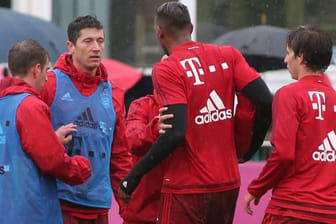 Die Bayern-Profis Robert Lewandowski (2. v. li.) und Jerome Boateng (Mitte) geraten im Training aneinander.