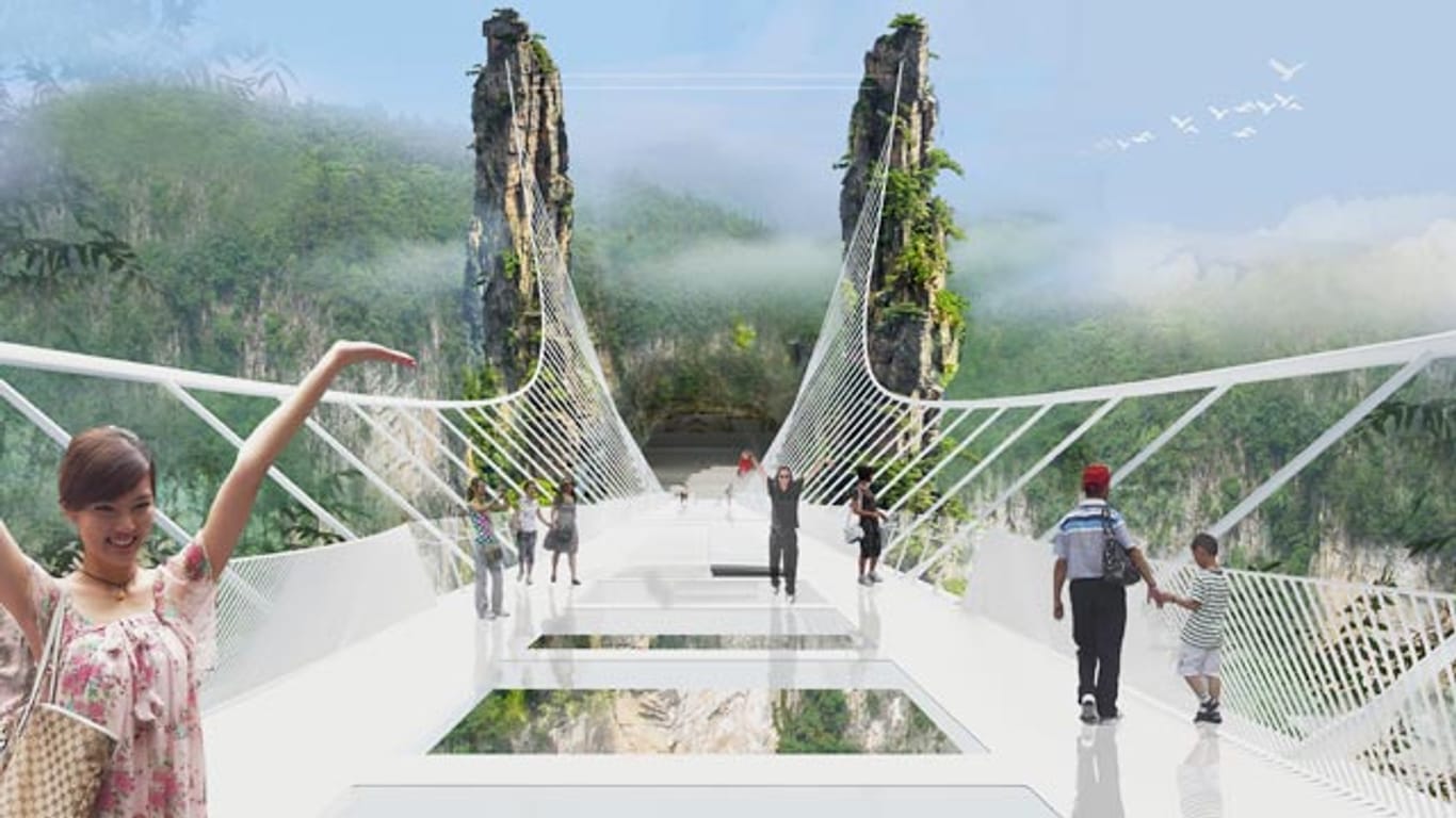 430 Meter lang und sechs Meter breit: Animation der geplanten Zhangjiajie Grand Canyon Glass Bridge in der Provinz Hunan.