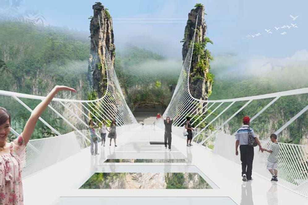 430 Meter lang und sechs Meter breit: Animation der geplanten Zhangjiajie Grand Canyon Glass Bridge in der Provinz Hunan.