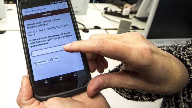 Mann zeigt Programmcode auf einem Smartphone