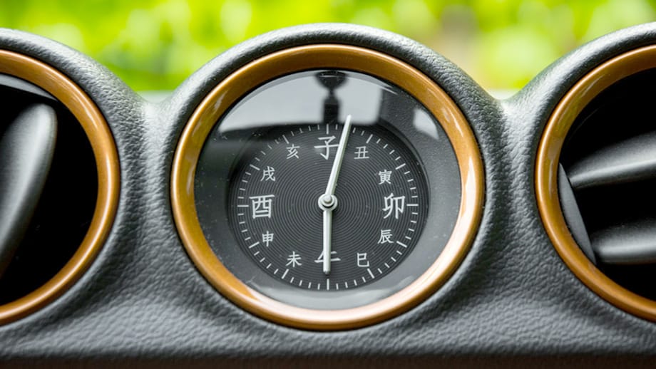 Die Uhr im Kanij-Design: Kanji ist die japanische Bezeichnung für Schriftzeichen, die aus dem Chinesischen übernommen wurden. Hier werden die Tierkreiszeichen dargestellt.