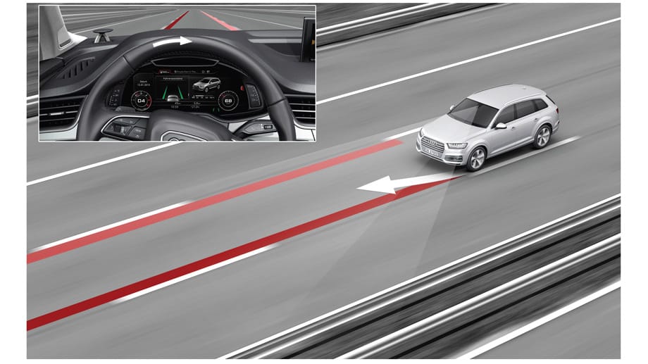 "Audi Active Lane Asistant": Der Spurhalteassistent korrigiert selbstständig bei Verlassen der Spur.