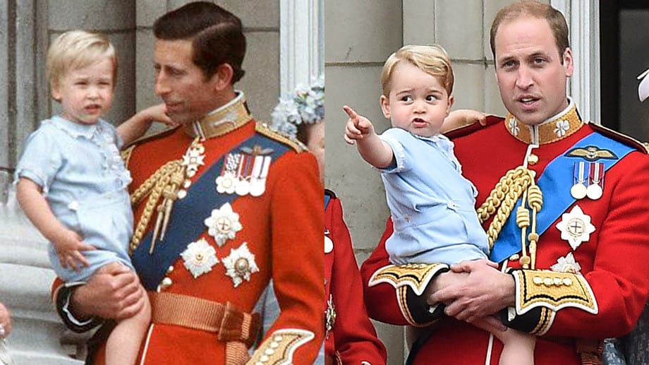 Prinz Charles mit dem kleinen Prinz William 1984 und Prinz William mit seinem Sohn George 2015. Prinz Charles mit dem kleinen Prinz William 1984 und Prinz William mit seinem Sohn George 2015.