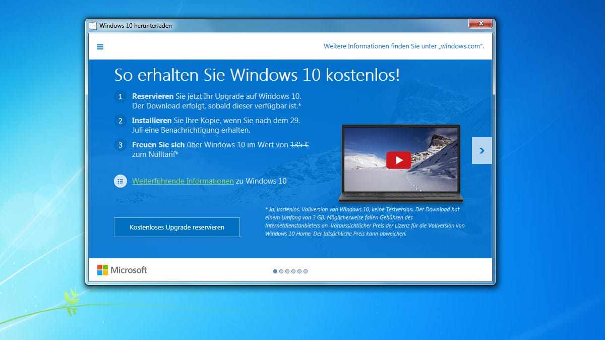 Überarbeitetes Hinweis-Fenster auf kostenloses Windows 10.