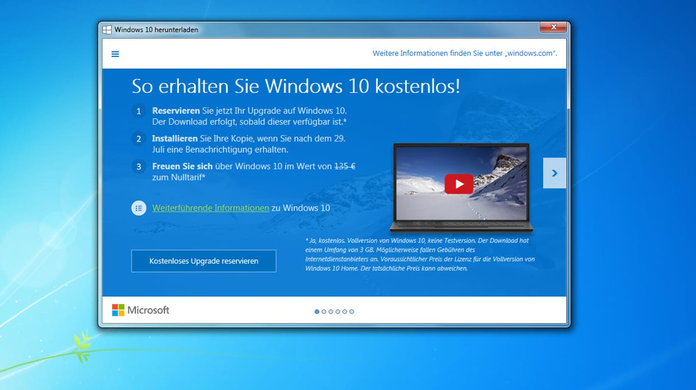 Überarbeitetes Hinweis-Fenster auf kostenloses Windows 10.