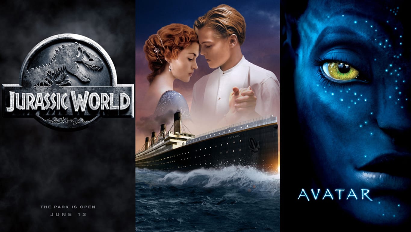 Die Filmplakate zu "Jurassic World", "Titanic" und "Avatar".