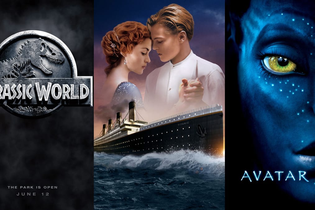 Die Filmplakate zu "Jurassic World", "Titanic" und "Avatar".