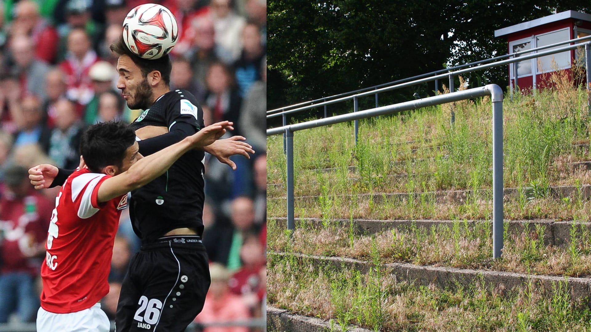 Hannover gegen Freiburg am 34. Spieltag (li.) sowie die Stehtribüne beim Oberligisten Lichtenberg 47 in Berlin.