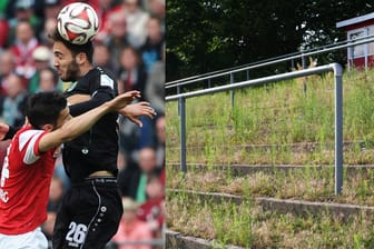 Hannover gegen Freiburg am 34. Spieltag (li.) sowie die Stehtribüne beim Oberligisten Lichtenberg 47 in Berlin.