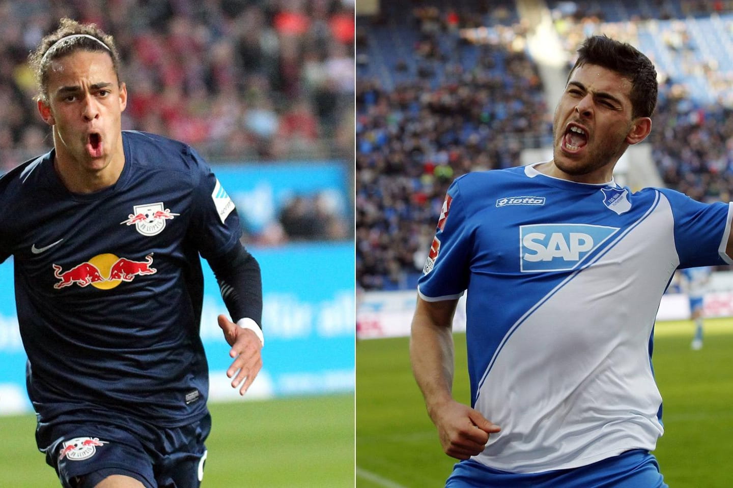 Yussuf Poulsen von RB Leipzig (li.) und Kevin Volland von der TSG Hoffenheim.