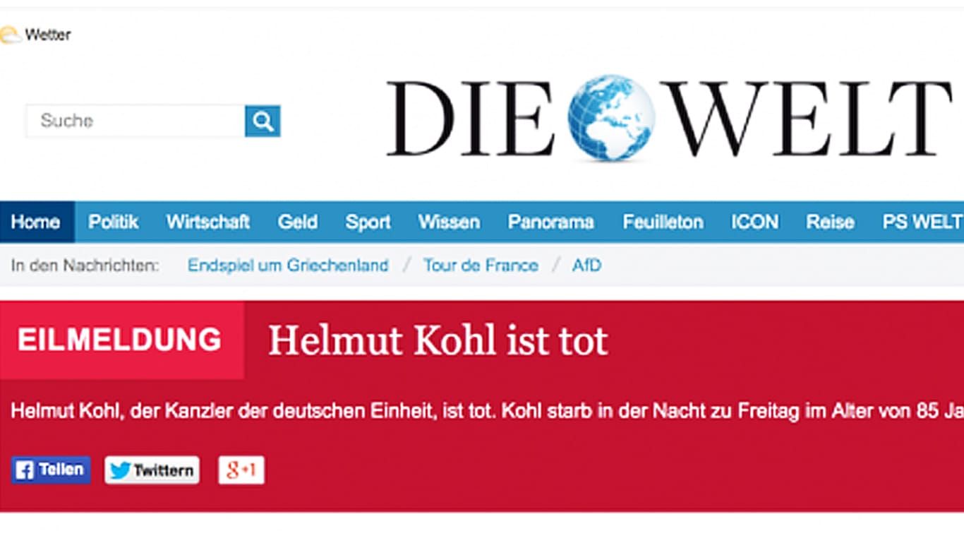 Die Welt meldete irrtümlich Helmut Kohls Tod.