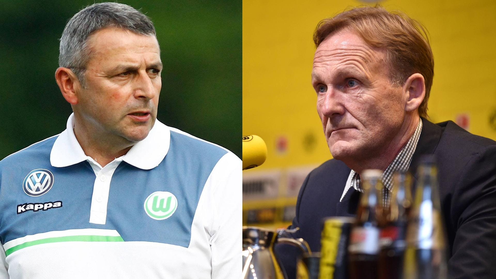 Wolfsburgs Sportdirektor Klaus Allofs (li.) ist von Watzkes Aussagen nicht begeistert. Wolfsburgs Sportdirektor Klaus Allofs (li.) ist von Watzkes Aussagen nicht begeistert.