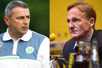Wolfsburgs Sportdirektor Klaus Allofs (li.) ist von Watzkes Aussagen nicht begeistert.