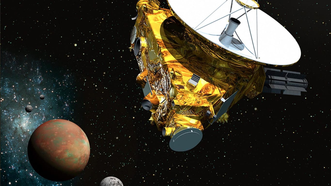 Computeranimiertes Bild der Sonde "New Horizons" bei ihrem Vorbeiflug am Zwergenplaneten Pluto.
