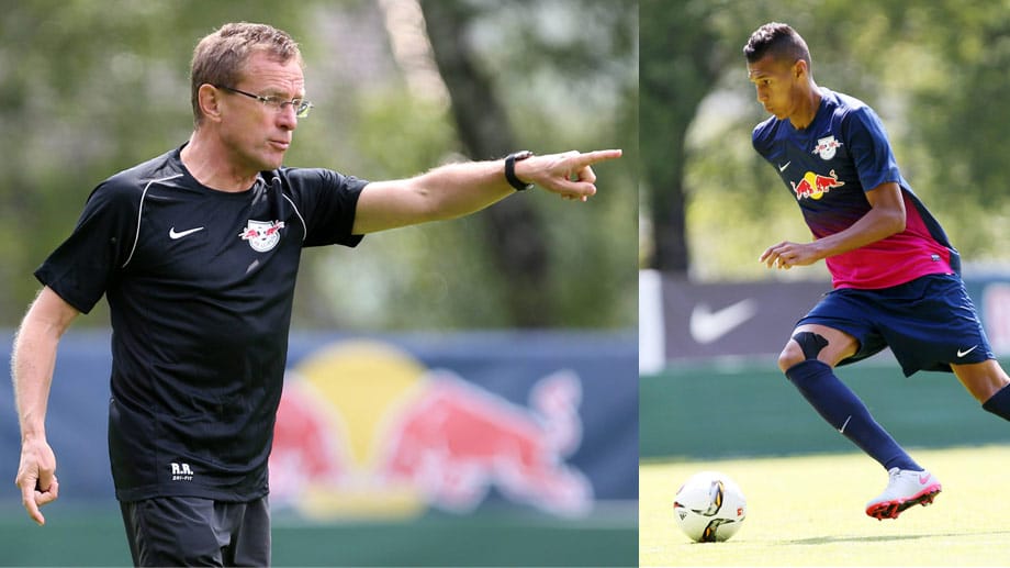 Ralf Rangnick (li.) gibt bei RB Leipzig die Richtung vor, Neuzugang Davie Selke soll für die nötigen Tore sorgen.