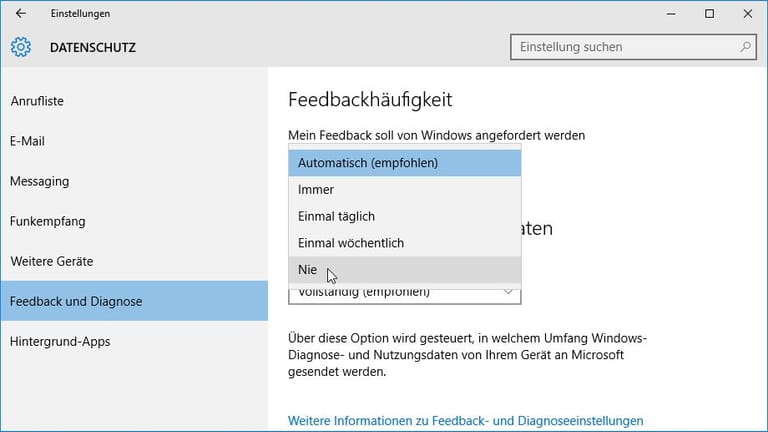 Feedback-Funktion von Windows 10 abklemmen.