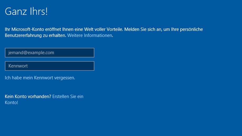 Direkt bei der ersten Anmeldung bei Windows 10 kann ein Microsoft-Konto genutzt werden.