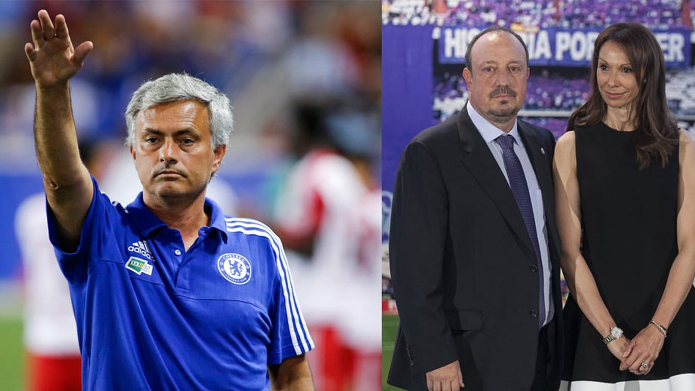 Chelsea-Coach José Mourinho (li.) und das Ehepaar Rafa und Montserrat Seara Benítez sind nicht die besten Freunde.
